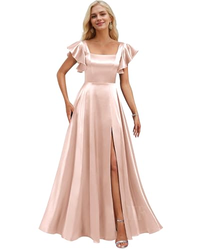 Image of IIF Short Sleeve Bridesmaid Dresses with Pockets Square Neck A-Line Satin Prom Gown Dress for Women with Slit IIF134