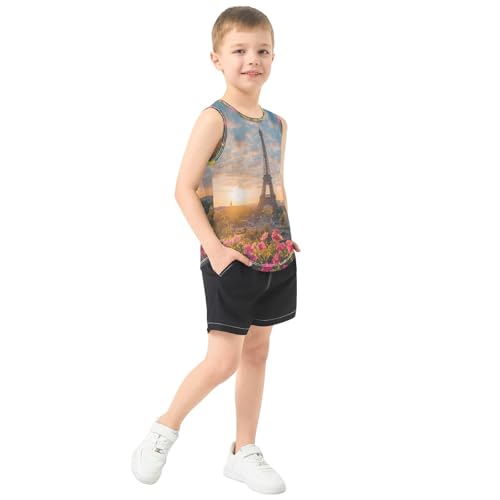 Boys Tank Top Shirts Eiffel Tower Flowers Landscapes Sleeveless T-Shirts Crew Neck for Kids Clothing Children4
