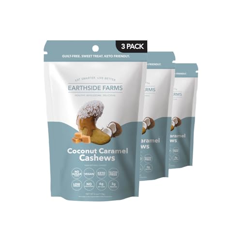 Image of Earthside Farms Coconut Caramel Cashews Snack Packs, No Sugar Added Keto Friendly Nuts, Vegan Gluten Free Non GMO Low Carb Snack, Plant Protein Treat, 4oz Resealable Bags, 3 Count