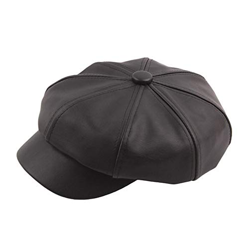 Unisex Beret Hat PU Leather Stitching Vintage Painter Hat Solid Color Adjustable Cap Black