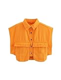 Perbai Womens Cropped Button Down Shirt Summer Collared Sleeveless Loose Denim Top with Pockets(Orange-L)