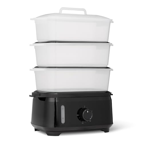 Amazon Basics Electric Food Steamer for Cooking Vegetables, 3-Tier Design, 60-Minute Timer with Auto Shutoff, Easy Water Refill System, BPA-Free, 9.5 QT, Black