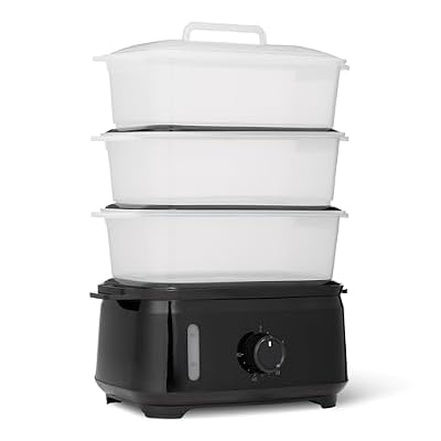 Amazon Basics Electric Food Steamer for Cooking Vegetables, 3-Tier Design, 60-Minute Timer with Auto Shutoff, Easy Water Refill System, BPA-Free, 9.5 QT, Black