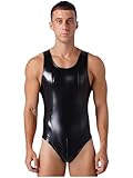 Alvivi Mens Latex Catsuit Jumpsuit Faux Leather Glossy Sleeveless Leotard Bodysuit Clubwear Black XX-Large