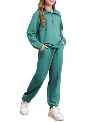 Image of Girls Fall Sweatsuits Collared Sweatshirt Jogger Pants Sets Green Size 8-9 | Big Kids 2 Piece Fashion Tracksuit, Half Zip Collar Long Sleeve Crop Top Jogger Pants，Tween Winter Casual Outfit,Side Pockets