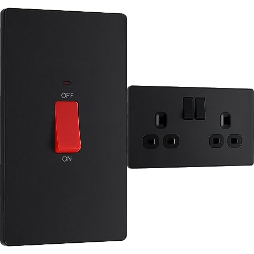 BG Electrical Evolve Double Pole Rectangular Switch with LED Power Indicator, 45A, Matt Black & BG Electrical Evolve Double Switched Power Socket, 13A, Matt Black