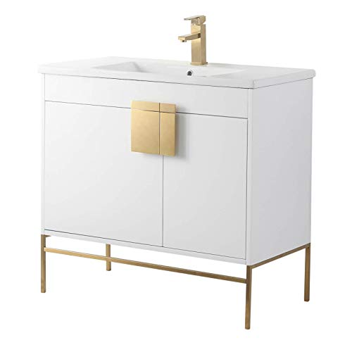 Fine Fixtures - Modern White 36" Bathroom Vanity Set, Satin Brass Hardware, Vireous China Sink Top #TOP12