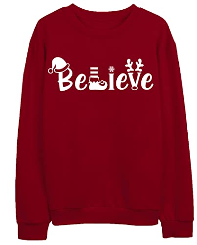 LHBNK Camiseta feminina Believe Christmas, estampa xadrez, árvore, Natal, manga comprida, camisetas