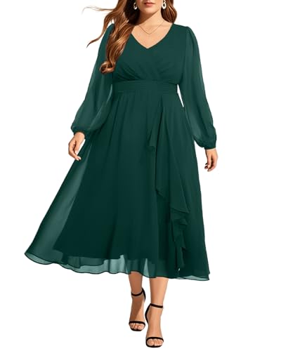 Pinup Fashion Kleider in Übergröße für Hochzeitsgäste – 2025 formelles langärmeliges Chiffon-Midikleid für den Herbst, Smaragdrün, 48 Mehr