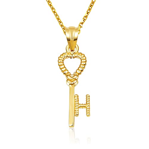 10K Yellow Gold Heart Lock & Key Letter Initial Love Pendant Necklace Initial - H-16