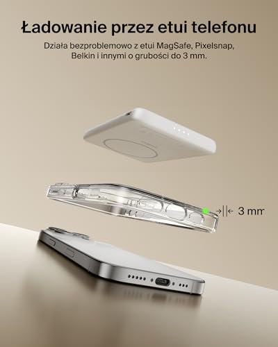 Belkin BoostCharge Magnetyczny Powerbank 5000mAh, Smukła Ładowarka z Pierścieniem Magnetycznym i Portem USB-C, do iPhone'a, Galaxy, Pixelsnap, iPad, Tabletu – w Zestawie Kabel USB-C – Biały