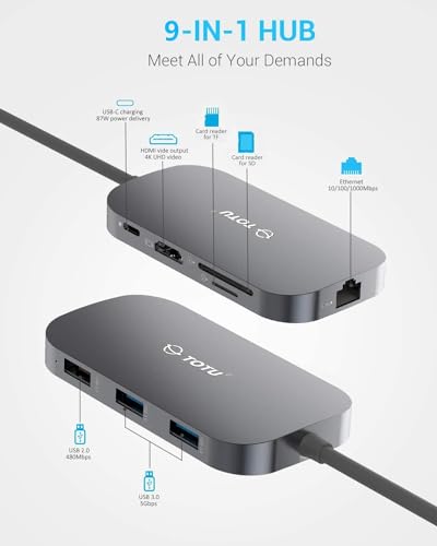image for TOTU USB C Hub, 9-in-1 Type C Hub with Ethernet Port, 4K USB C to HDMI