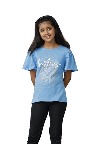 Image of Girls Cotton Tops Collection - Round Neck, Crop Top, Full & Half Sleeve, Drop Shoulder, Ruffle Sleeve, Graphic Printed, Embroidered & Slub Knit Styles, Soft Breathable Fabric for Kids Casual Wear