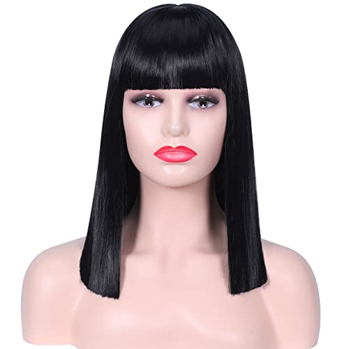 JDNOSO Black Bob Wig With Bangs Women's Black Short Wig Straight Bob Wig Heat Resistant Synthetic Wig Cosplay Everyday Party Use (14 Inch)