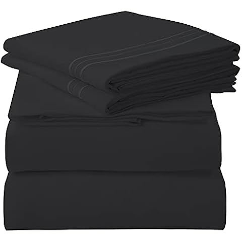 Royale Linens - 3 Piece Twin XL Bed Sheet - Soft Brushed Microfiber 1800 Bedding Set - 1 Fitted Sheet, 1 Flat Sheet, 1 Pillow case - Wrinkle & Fade Resistant Twin XL Size Sheet Set (Twin XL, Black) Cover