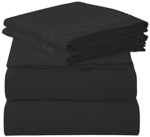 Image of ROYALE LINENS 3 Piece Twin Sheets Set - Soft Brushed 1800 Microfiber Bedding - 1 Fitted and 1 Flat Sheet, 1 Pillow case - Wrinkle Free & Fade Resistant - Hotel Luxury Bed Sheets Set (Black, Twin)