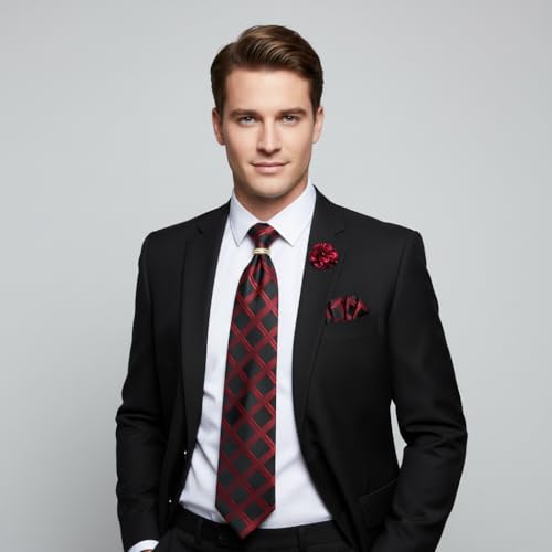 Image of 5PCS Mens Silk Tie, Pocket Square, Cufflinks, Drilled Tie Ring and Lapel Pin Set for Wedding Groom Party