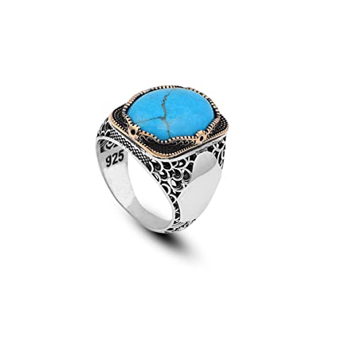 Jewellery Pit - Elegante Anello in Turchese con Pietra Ovale, Stile Vintage, in Argento 925 Lucido, Inciso a Mano, Ideale come Anello di Fidanzamento da Uomo con Panno per Lucidare l'Argento (14)
