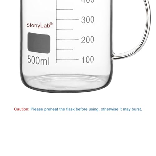 Image of stonylab Glass Beaker with Handle, Borosilicate Glass Graduated Low Form Griffin Beaker with Handle and Pouring Spout, 500 ml