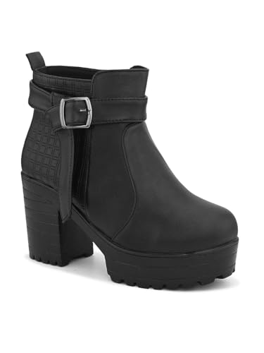 Image of XE Looks Fashionable & Trendy Block Heel Ankle Boots for Women with Buckle Detail and Zipper Closure, Ideal for Casual and Dressy Outfits for Women & Girls