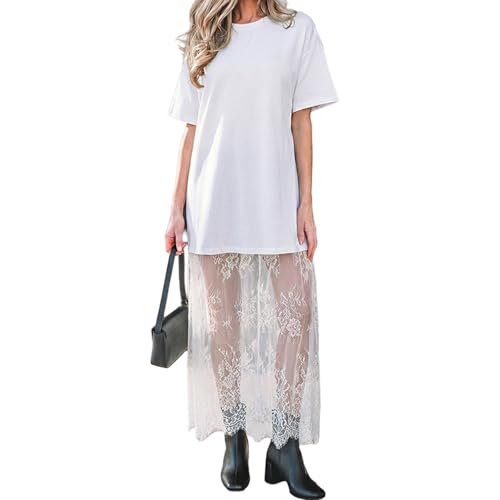 Robe t-shirt imprimé floral et dentelle ample pour femme