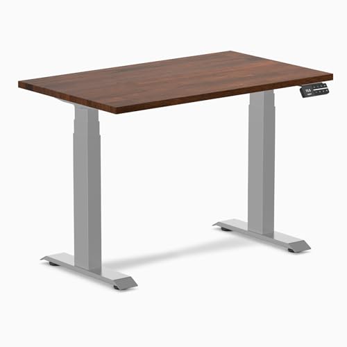 Image of Desky Small Electric Standing Desk, 40 x 24 inches Rubberwood Height Adjustable Sit Stand Desk with Dual Motor and Memory Presets, Compact Home Office Workstation - Red Walnut Wood Top