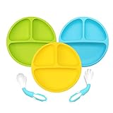 Babyteller Kinderteller mit Saugnapf Set,Silikon Rutschfester Kinderteller,Baby Teller mit Löffel Gabel,197*34mm Babyteller BPA Frei,Baby Tischset für Baby Kleinkind und Kinder(Blau Grün Gelb)