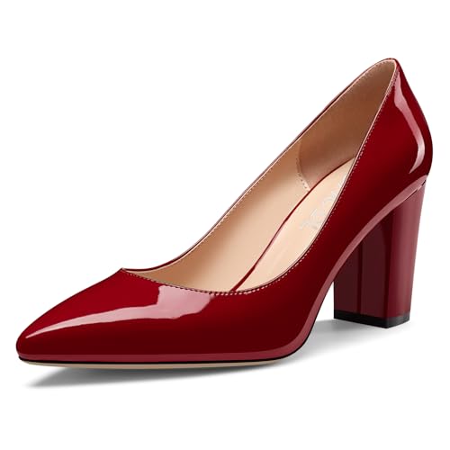 Image of Aachcol Women Pumps Pointed Toe Slip on Mid Heel Dress Office Chunky Block Heels Shoes 3 Inches