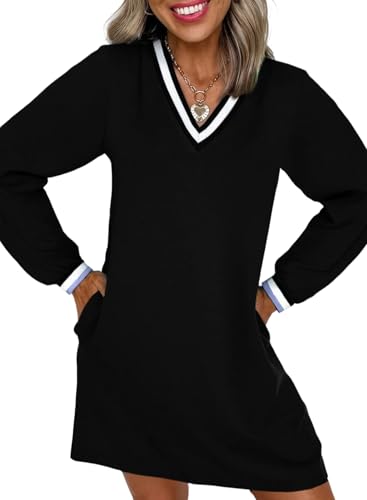 EVALESS Long Sleeve Dress for Women 2025 Fashion Fall Spring Summer V Neck Casual Contrast Striped Sweatshirt Mini Tshirt Dress Vacation Clothes,Black X-Large