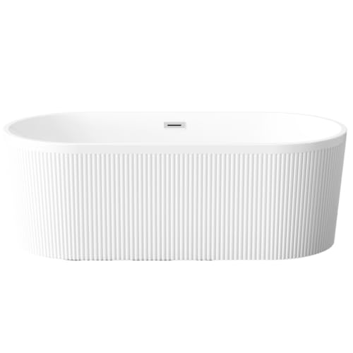 VBChome Badewanne 170 x 80 x 58 cm Weiß Acryl SET Premium Glamour-Badewanne mit Rillenstruktur Freistehend Badewanne Eingebauter Überlauf Siphon Chrom Inklusive Modern Komfort Elegant Top Qualität