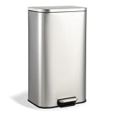 CABIHOME Stainless Steel Step Trash Can, Trash Can for Kitchen with Soft-Close Lid & Removable Inner Bucket, Rectangular Garbage Can, Office, Bathroom, Living Room, Silver, 8 Gallon
