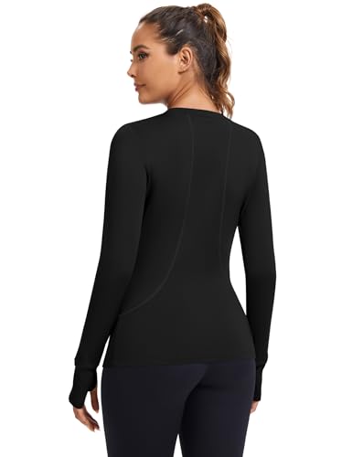 Loovoo Thermal Shirts for Women Long Sleeve Workout Tops Crewneck Fleece Base Layer Running Athletic Tee with Zipper Pocket4