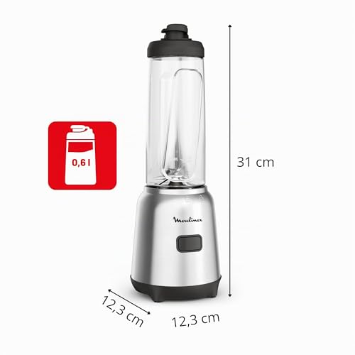 Moulinex Mix&Move Mini Frullatore Portatile, 2 bottiglie 600 ml, 300 W, Design Compatto, Lame Rimovibili, Frullatore Smoothie con Controllo Semplice, Argento, LM15FD - Immagine 2