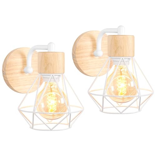 TOKIUS 2 Piezas Apliques de Pared Vintage Diseño Jaula Ø 16cm Industrial Lámpara de Pared Interior de Hierro y Madera E27 Aplique Retro para Pasillo Dormitorio Salón Cocina (Madera, Tipo B, Blanco)