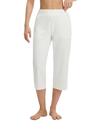 baleaf Womens Capri Pants with Pockets 21" Summer Pants Yoga Capris Leggings High Waisted Cropped Workout Star White XL