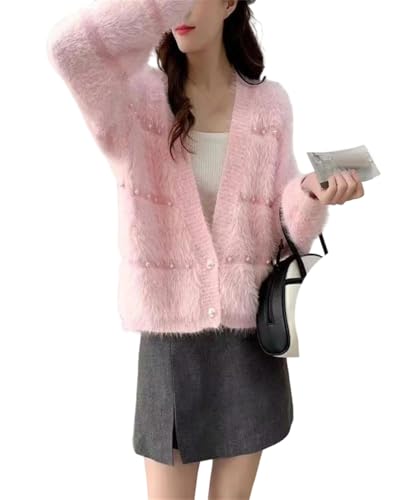 Women Sweater Jacket Nail Bead Loose V Neck Furry Short