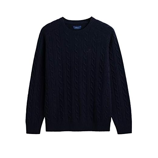 Gant 8050076-433 lammull kabel crew pullover män rund hals ribbad marinblå 100 % ull normal passform