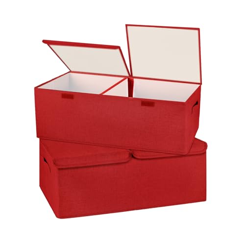 Image of 2 Pack Large Storage Boxes with Lids and Handles, Collapsible Linen Storage Bins Organizer Containers Baskets Cube with Removable Divider for Home Bedroom Closet Office (Red, Small)