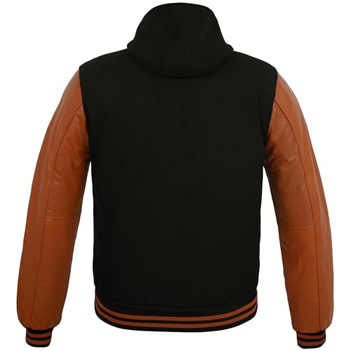 Image of Deckra Men's Varsity Jacket Genuine Leather Sleeve and Wool Blend Letterman Boys College Varsity Jackets with Hood XXS-5XL