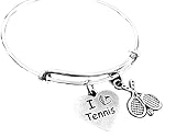 I Love Tennis Heart with Rackets Expandable Silver Bangle Tennis Charm Bracelet Tennis Player Gift