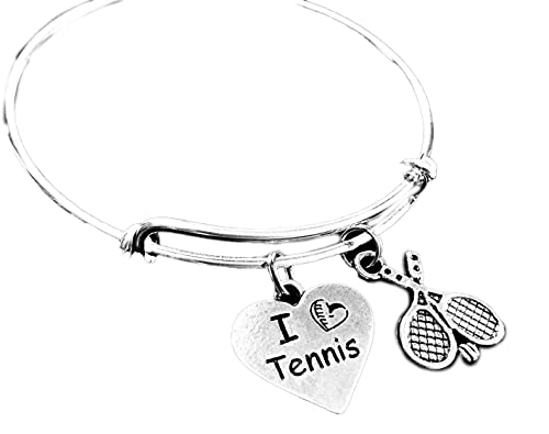 I Love Tennis Heart With Rackets Expandable Silver Bangle Tennis Charm Bracelet Tennis Player Gift #TOP10