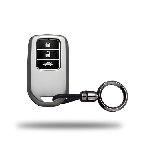 Image of SIAGO TPU Key Cover and Round Keychain Compatible for Honda City, Civic, Jazz, Amaze, CR-V, BR-v, WR-V with 3 Button Smart Key (Grey)