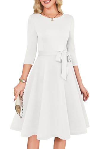 RUMIA White Dresses for Women 3/4 Sleeve Vintage Wedding Guest Dresses Graduation Formal Dress White L