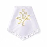 Kerzentuch für Taufkerze aus weißem Satin – Kerzenschmuck Taufe mit Goldstickerei Taube & Kreuz – Christliche Taufdeko – Erinnerungs-Geschenk zur Taufe oder auch Erstkommunion 34 × 34 cm