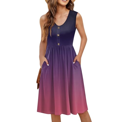 italienische Kleider Damen Kleider Sommer Knielang Ärmellos V-Ausschnitt Blumenkleid Knopf Elegantes Sommerkleid Locker Strandkleid Teenager Mädchen...