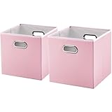 PRANDOM Leather Foldable Cube Storage Bins 11x11 inch [2-Pack] Fabric Storage Baskets Cubes Drawer with Cotton Handles Organizer for Shelves Nursery Closet Bedroom Clothes Pink