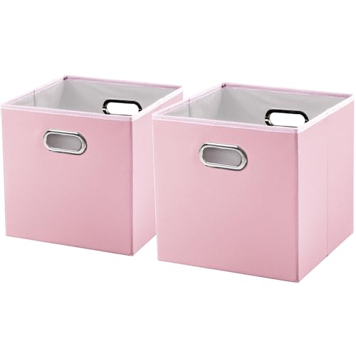 PRANDOM Leather Foldable Cube Storage Bins 13x13 inch [2-Pack] Fabric Storage Baskets Cubes Drawer with Cotton Handles Organizer for Shelves Nursery Closet Bedroom Clothes Pink