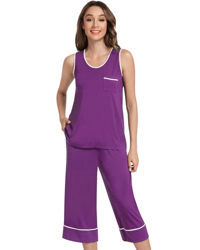 Image of NACHILA Pajamas Set for Women-Viscose Made from Bamboo, Tank Top with Capri Pants Pajama Cool Sleepwear Sleeveless Pjs