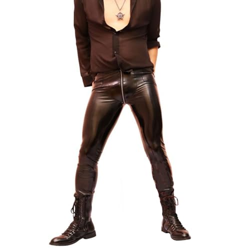 Men's Shiny PVC Leather Leggings Zipper Crotch Long Pants Motorcycle Skinny Trousers