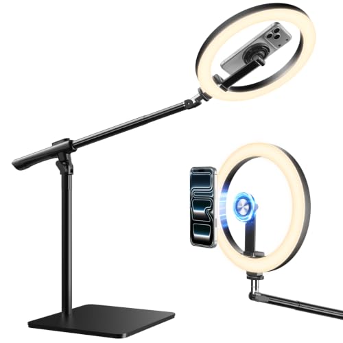 Image of LUXSURE Ring Light with Magnetic Phone Holder, Overhead Phone Mount with 10 inch Selfie Light Phone Tripod with Ring Light and Remote, Phone Stand with Light for Video Recording